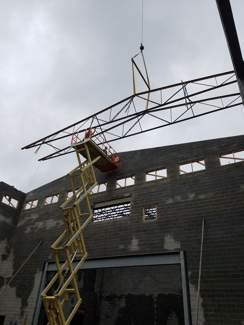 Two men on the elevated construction truck